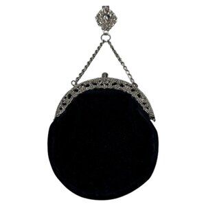 Vintage Victorian Style Silver Tone Mounted Black Velvet Bag with Belt Clip